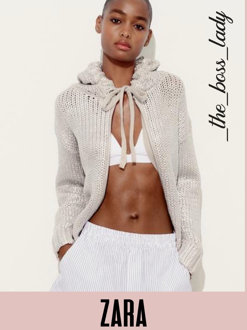 Zara chunky sweater hoodie zip-up metallic knit hooded Small